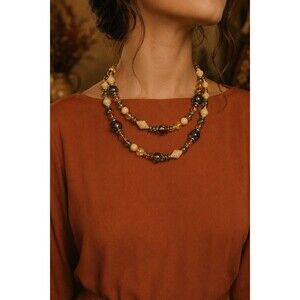Vintage 1970s Two-Strand Wood Beaded Back-Drop Necklace with Long Chain Dangle